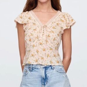 Gap Blouse Womens L Peach Floral Crop Cottagecore Flutter Sleeve Button Tie Top